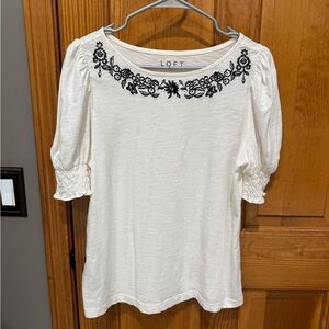 LOFT floral embellished top with puff sleeves- size medium